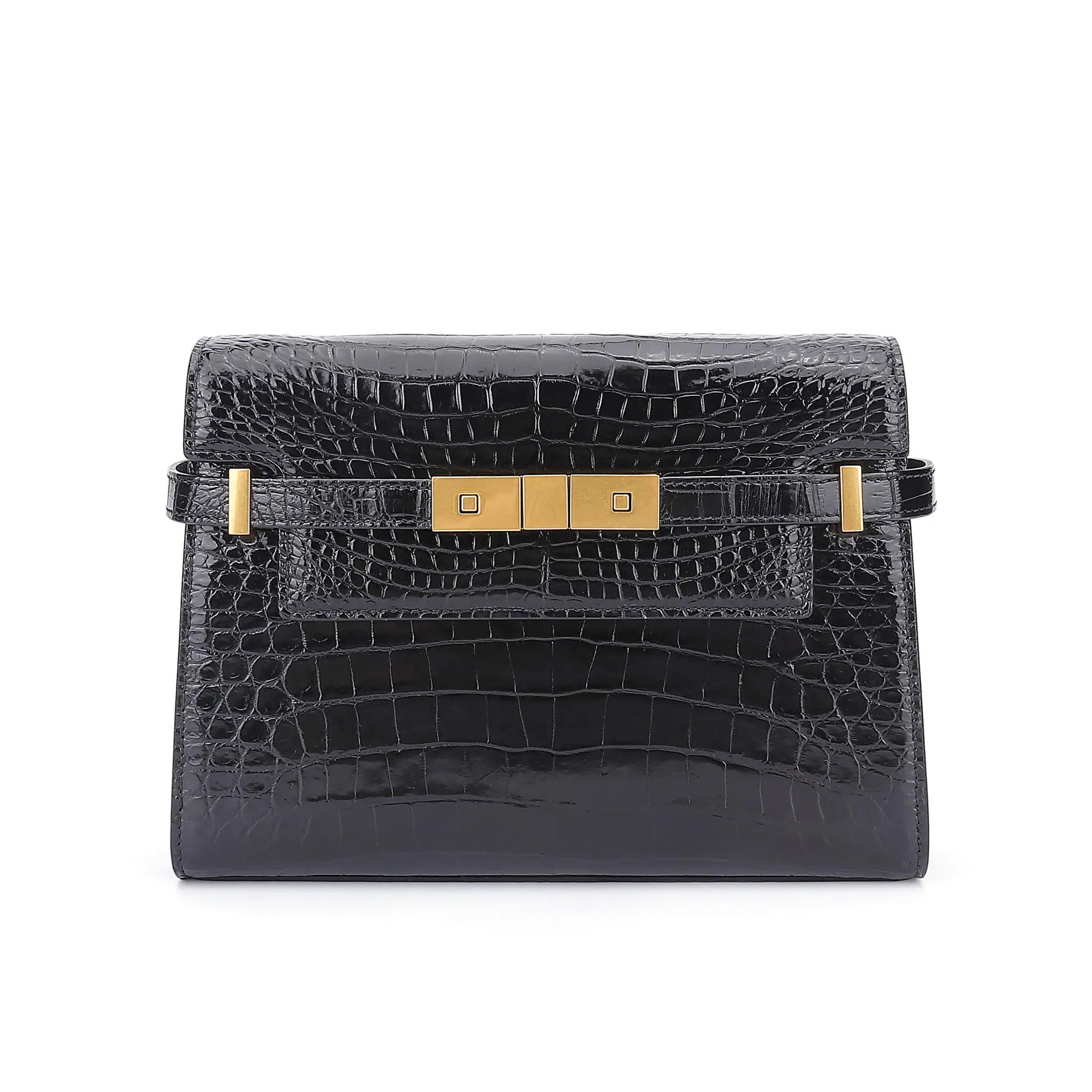 Black crocodile skin handbag with gold hardware on a white background